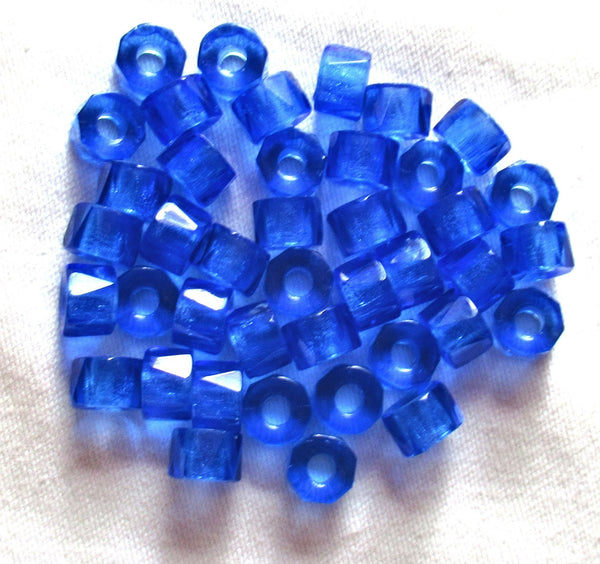 Lot of 25 9mm faceted Czech glass pony or roller beads - transparent sapphire blue large hole beads