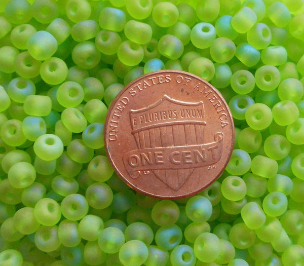 One pkg 24 grams Olivine Green Matte AB, Czech 6/0 glass seed beads, size 6 Preciosa Rocaille 4mm spacer beads, large, big hole C7524 - Glorious Glass Beads
