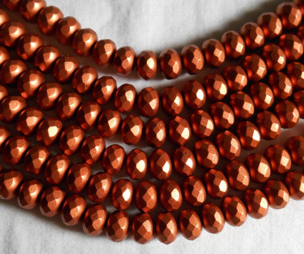 Czech glass Matte Copper faceted puffy rondelle beads,  6 x 9mm, lot of 28, C46125