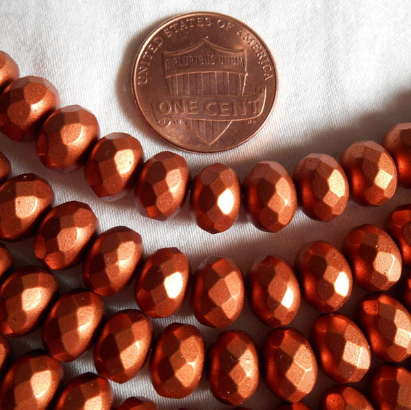 Czech glass Matte Copper faceted puffy rondelle beads,  6 x 9mm, lot of 28, C46125 - Glorious Glass Beads