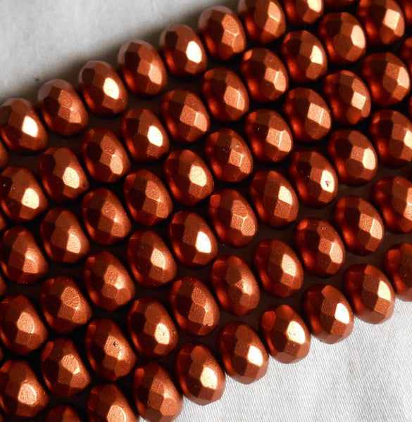 Czech glass Matte Copper faceted puffy rondelle beads,  6 x 9mm, lot of 28, C46125 - Glorious Glass Beads