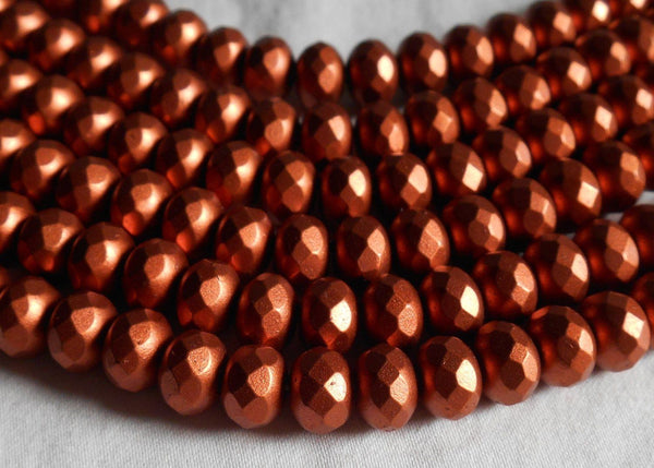 Czech glass Matte Copper faceted puffy rondelle beads,  6 x 9mm, lot of 28, C46125 - Glorious Glass Beads