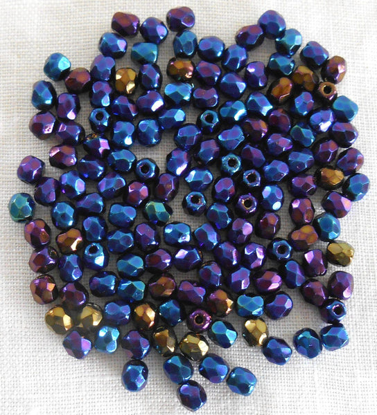 Fifty 3mm Czech Blue Iris glass firepolished round faceted beads, C8450 - Glorious Glass Beads