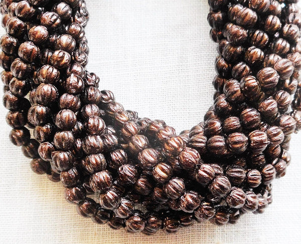 Lot of 100 3mm Dark Bronze Metallic Brown melon beads, Czech pressed glass beads C8550