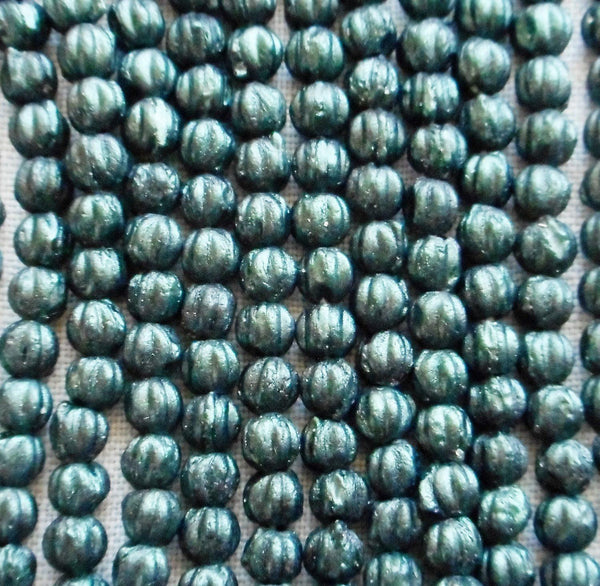 Lot of 100 3mm Forest Green, dark Sueded, Suede Metallic Green melon beads, Czech pressed glass beads C94150 - Glorious Glass Beads