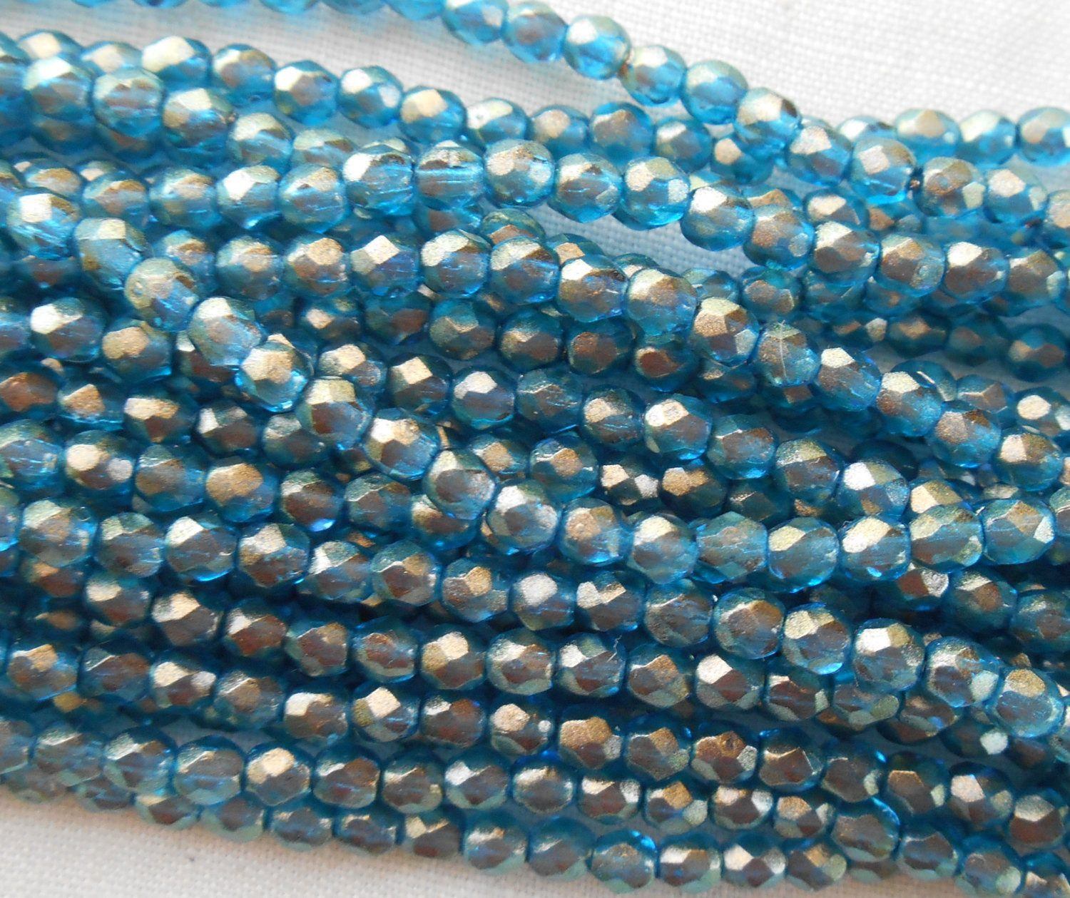 Fifty 3mm Halo Azurite Czech firepolished, glass gold faceted round beads, C8750 - Glorious Glass Beads