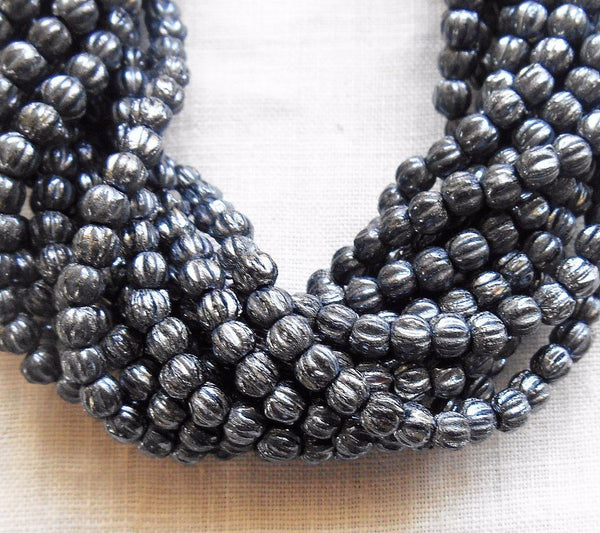 Lot of 100 3mm Hematite Gray Metallic melon beads, Czech pressed glass beads C04150