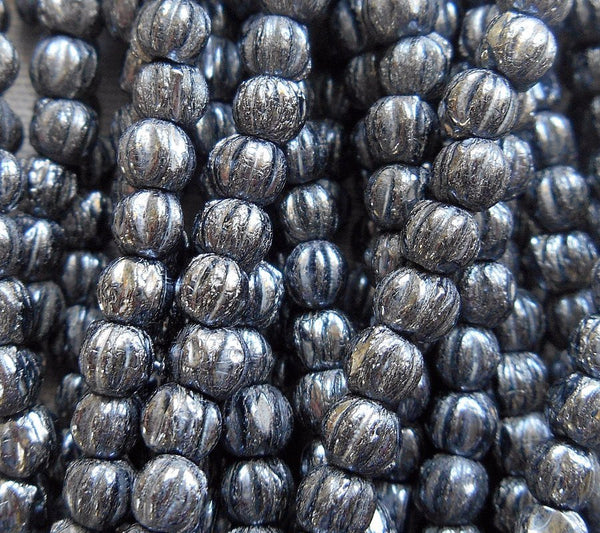 Lot of 100 3mm Hematite Gray Metallic melon beads, Czech pressed glass beads C04150 - Glorious Glass Beads