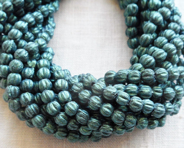 Lot of 100 3mm Light Green, Sueded, Suede Metallic Green melon beads, Czech pressed glass beads C05150 - Glorious Glass Beads