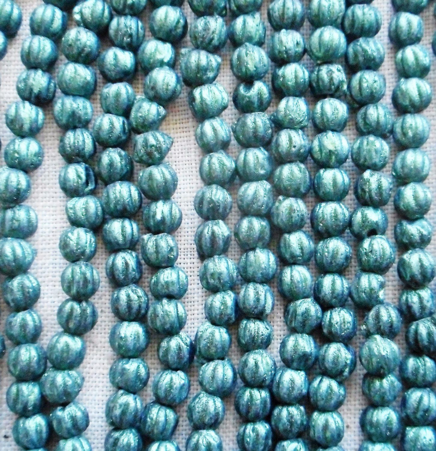 Lot of 100 3mm Light Green, Sueded, Suede Metallic Green melon beads, Czech pressed glass beads C05150 - Glorious Glass Beads