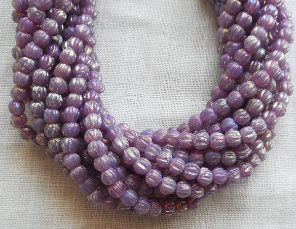 Lot of 100 3mm Lot of 100 Luster Iris Milky Amethyst melon beads, pressed opaque purple glass Czech beads, C63150