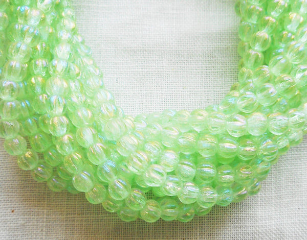 Fifty 3mm Luster Iris Peridot Green melon beads, Czech pressed glass beads C2650 - Glorious Glass Beads