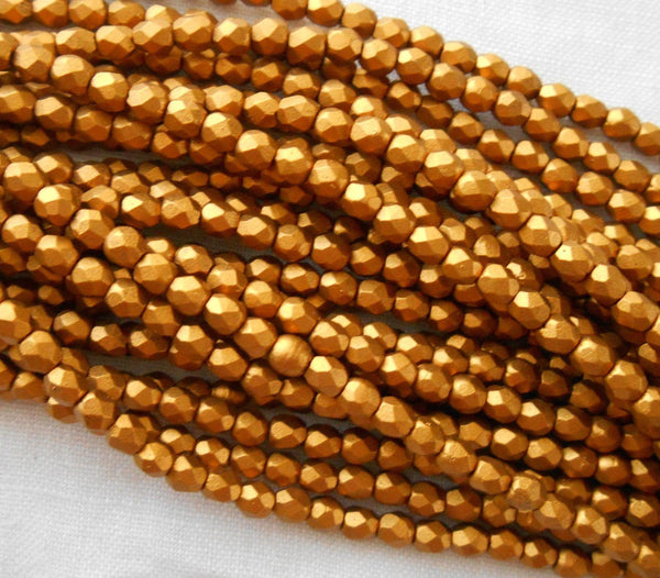 Fifty 3mm Matte Metallic Antique Gold Czech glass firepolished, faceted round beads, C1550 - Glorious Glass Beads