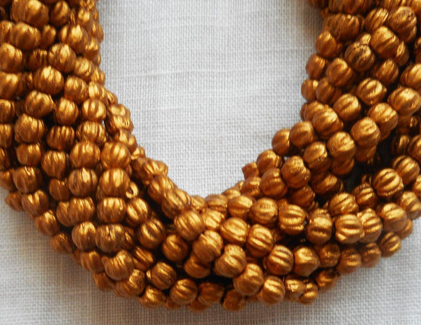 Lot of 100 3mm Matte Metallic Antique Gold melon beads, Czech pressed glass beads C61150