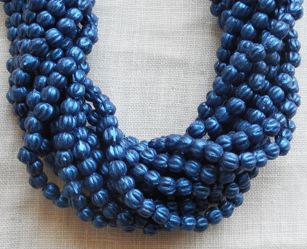 Lot of 100 3mm Matte Metallic Suede Blue melon beads, Czech pressed glass beads C8550