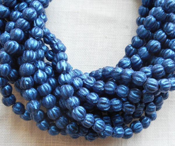 Fifty 3mm Matte Metallic Suede Blue melon beads, Czech pressed glass beads C8550 - Glorious Glass Beads
