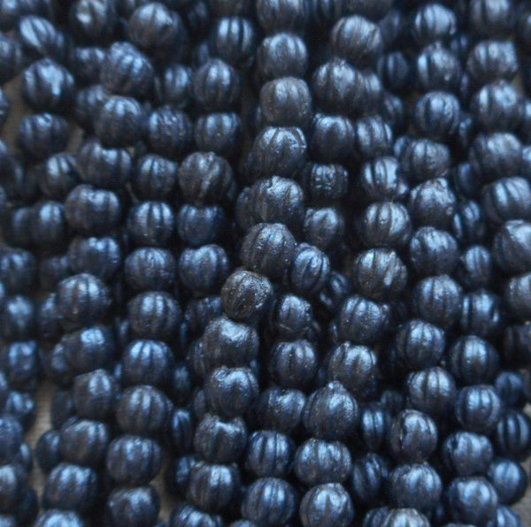Lot of 100 3mm Matte Metallic Suede Dark Navy Blue melon beads, Czech pressed glass beads C02101 - Glorious Glass Beads