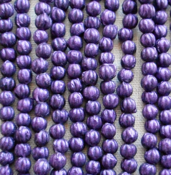 Lot of 100 3mm Purple Sueded, Suede Amethyst melon beads, Czech pressed glass beads C8550 - Glorious Glass Beads