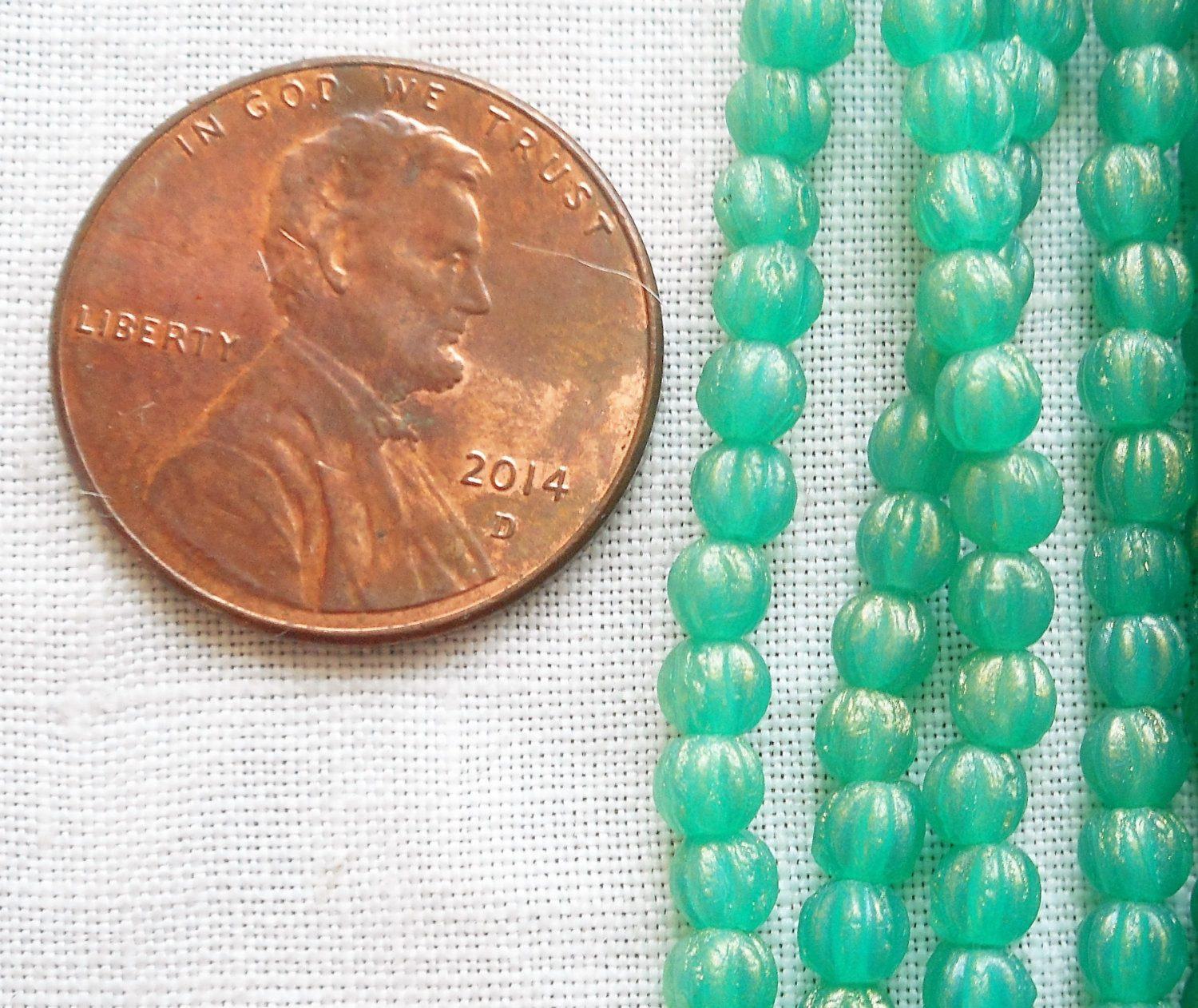 Lot of 100 3mm Sueded Gold Atlantis Green melon beads, Czech pressed glass beads C02101 - Glorious Glass Beads