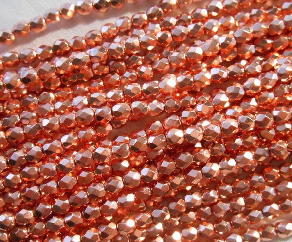 Fifty 4mm Czech Bright Copper metallic glass round faceted firepolished beads, C41150 - Glorious Glass Beads