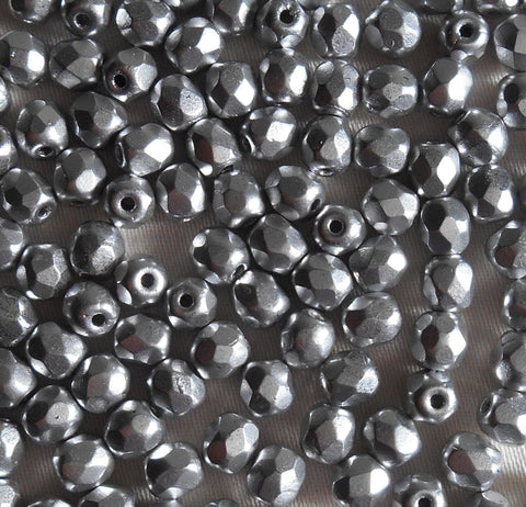 Fifty 4mm Czech glass Matte Metallic Silver firepolished faceted round beads, C5750 - Glorious Glass Beads