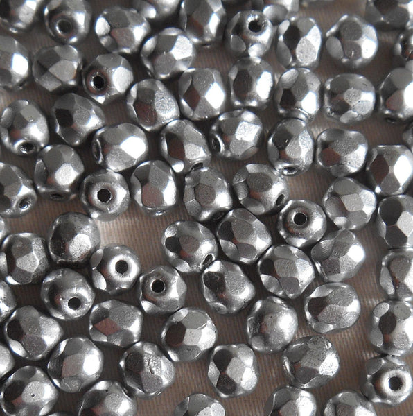 Fifty 4mm Czech glass Matte Metallic Silver firepolished faceted round beads, C5750 - Glorious Glass Beads