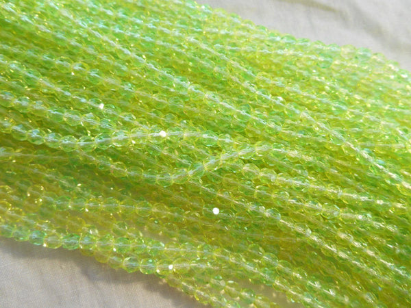 Fifty 4mm Czech Jonquil Green glass round faceted firepolished beads, C8550 - Glorious Glass Beads