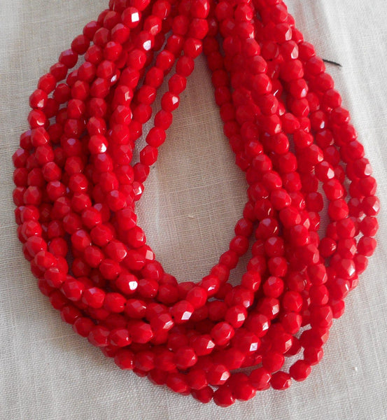 Fifty 4mm Czech Opaque Bright Blood Red  faceted, round, firepolished glass beads C4950