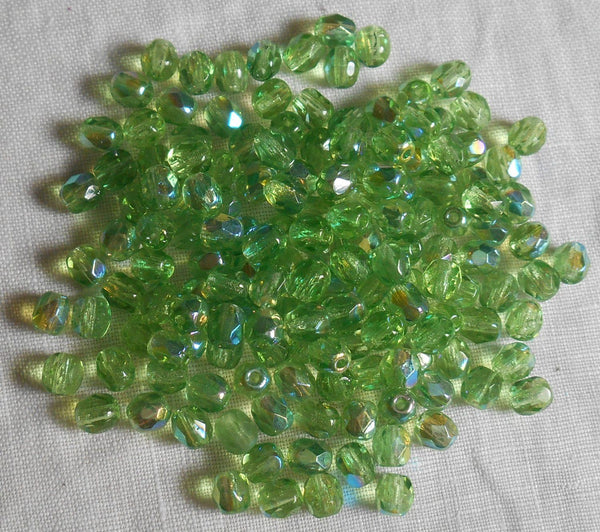 Fifty 4mm Czech Peridot Green AB Glass firepolished faceted round beads, C6350 - Glorious Glass Beads