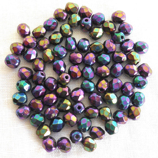 Fifty 4mm Czech Purple Iris glass firepolished round faceted beads, C6350 - Glorious Glass Beads