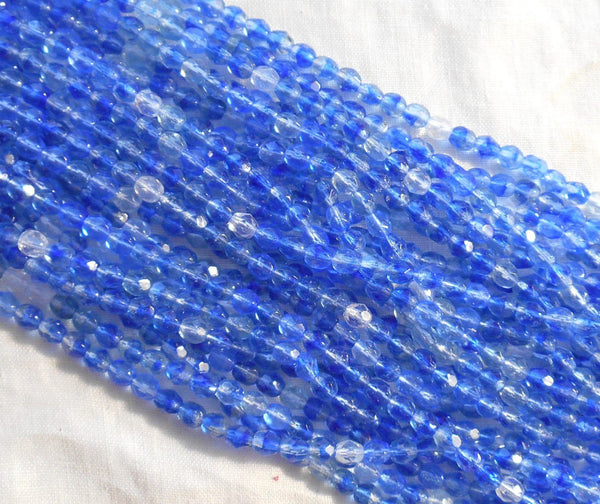 Fifty 4mm Czech Sapphire Blue & Crystal hurricane glass round faceted firepolished beads, C4550 - Glorious Glass Beads