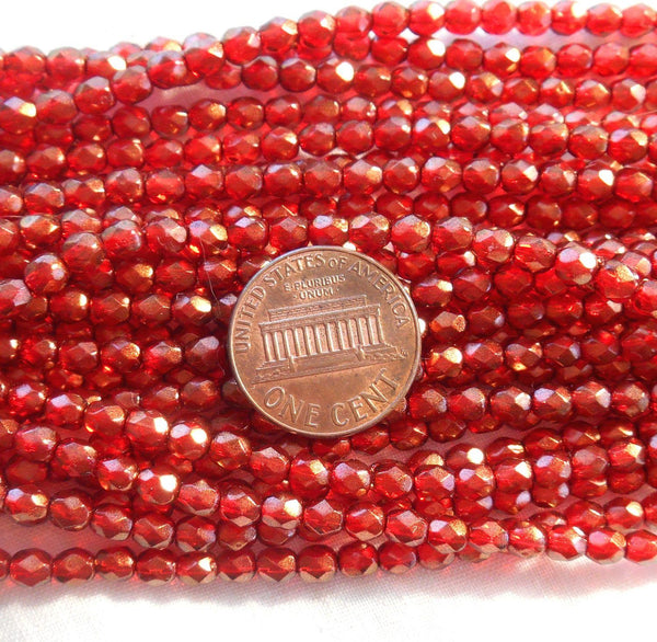 Fifty 4mm Halo Cardinal Red Czech glass firepolished, faceted round beads with a transparent gold finish, C60150 - Glorious Glass Beads