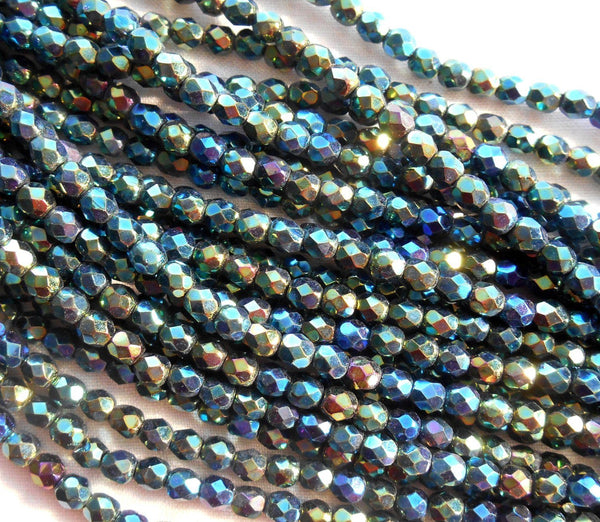 Fifty 4mm Iris Green Czech glass firepolished, faceted round beads, C5550