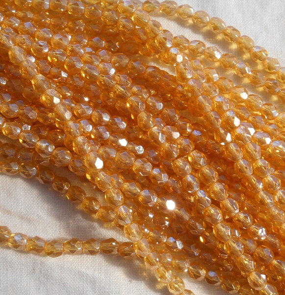 Fifty 4mm Luster Topaz, Amber Czech glass firepolished faceted round beads, C5550 - Glorious Glass Beads