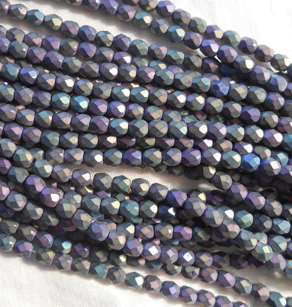 Fifty 4mm Matte Purple Iris Czech glass firepolished, faceted round beads, C5550 - Glorious Glass Beads