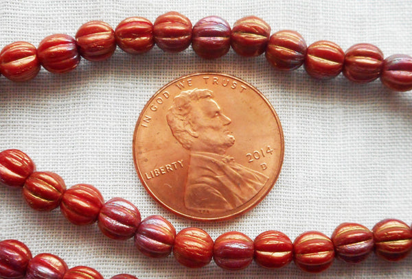 Fifty 5mm Bronze Luster Iris Opaque Red melon beads, Czech pressed glass beads C33150 - Glorious Glass Beads