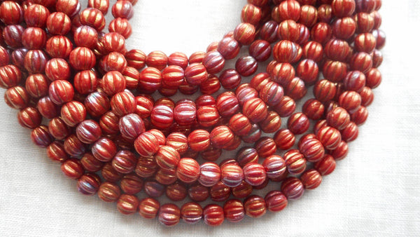 Fifty 5mm Bronze Luster Iris Opaque Red melon beads, Czech pressed glass beads C33150 - Glorious Glass Beads