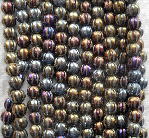 Fifty 5mm Brown Iris metallic glass melon beads, Czech pressed glass beads C0750 - Glorious Glass Beads