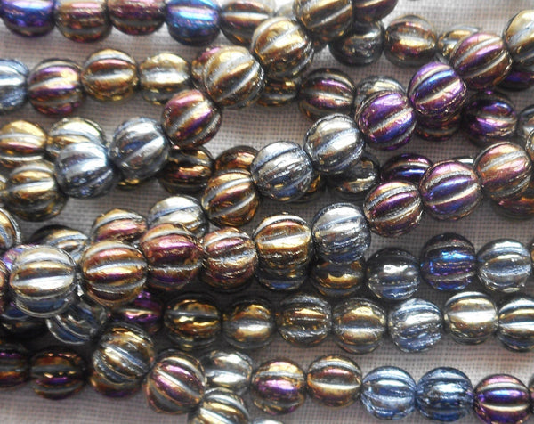 Fifty 5mm Brown Iris metallic glass melon beads, Czech pressed glass beads C0750 - Glorious Glass Beads