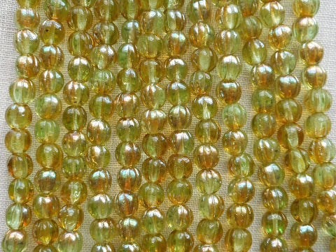 Fifty 5mm Chrysolite Celsian light green, amber melon beads, Pressed Czech glass beads C7850 - Glorious Glass Beads
