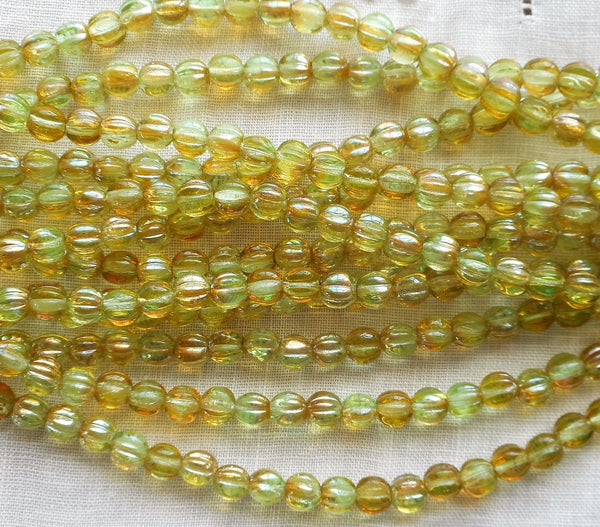 Fifty 5mm Chrysolite Celsian light green, amber melon beads, Pressed Czech glass beads C7850 - Glorious Glass Beads