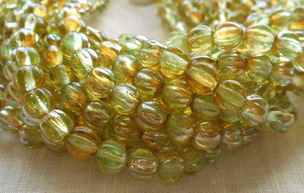 Fifty 5mm Chrysolite Celsian light green, amber melon beads, Pressed Czech glass beads C7850 - Glorious Glass Beads