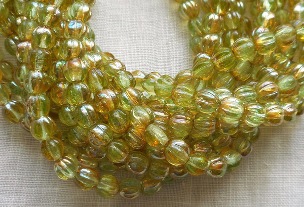 Fifty 5mm Chrysolite Celsian light green, amber melon beads, Pressed Czech glass beads C7850 - Glorious Glass Beads