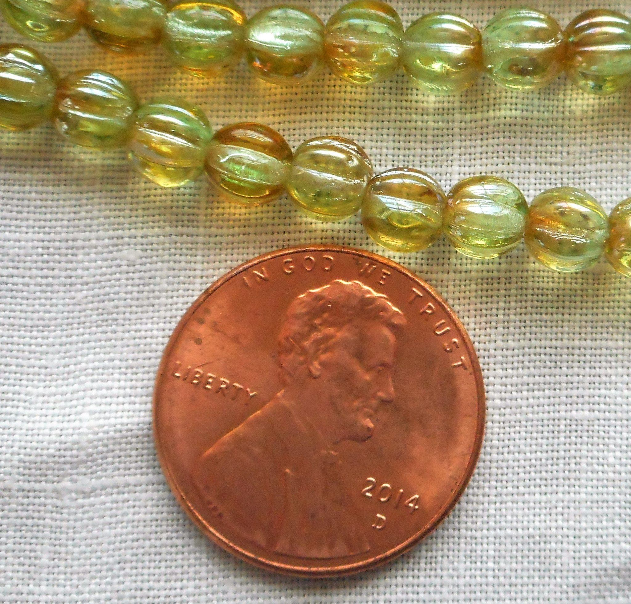 Fifty 5mm Chrysolite Celsian light green, amber melon beads, Pressed Czech glass beads C7850 - Glorious Glass Beads