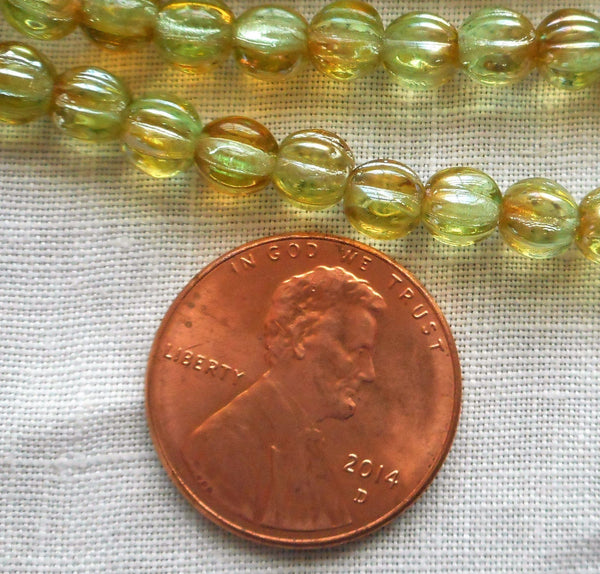 Fifty 5mm Chrysolite Celsian light green, amber melon beads, Pressed Czech glass beads C7850 - Glorious Glass Beads