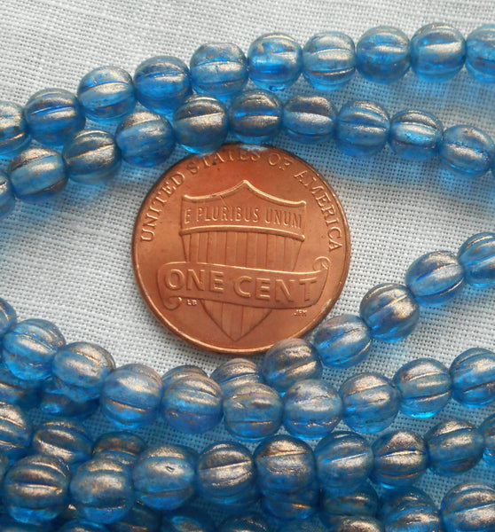 Fifty 5mm Halo Azurite blue melon beads, Pressed Czech glass beads C33150 - Glorious Glass Beads