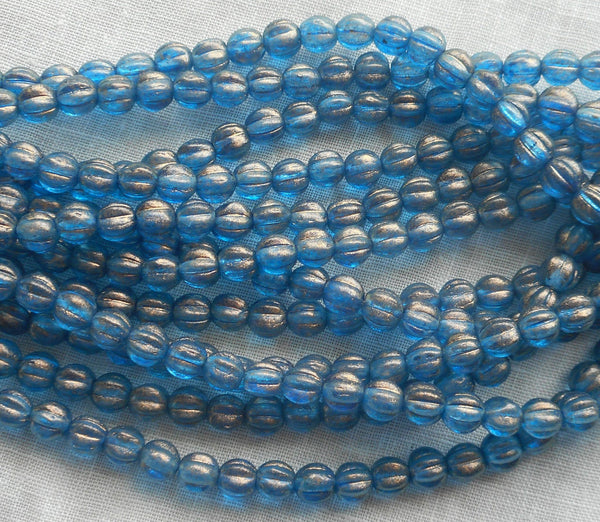 Fifty 5mm Halo Azurite blue melon beads, Pressed Czech glass beads C33150 - Glorious Glass Beads