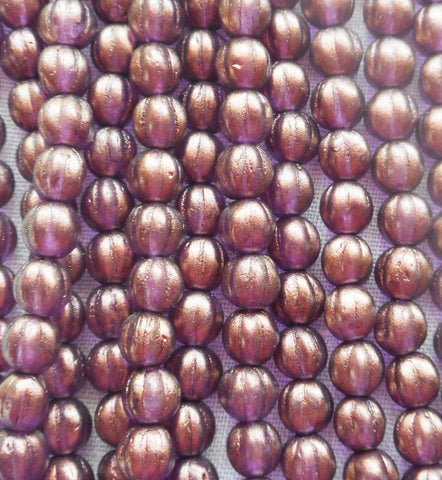 Fifty 5mm Halo Regal Czech glass melon beads, purple, amethyst gold coated beads C33101 - Glorious Glass Beads