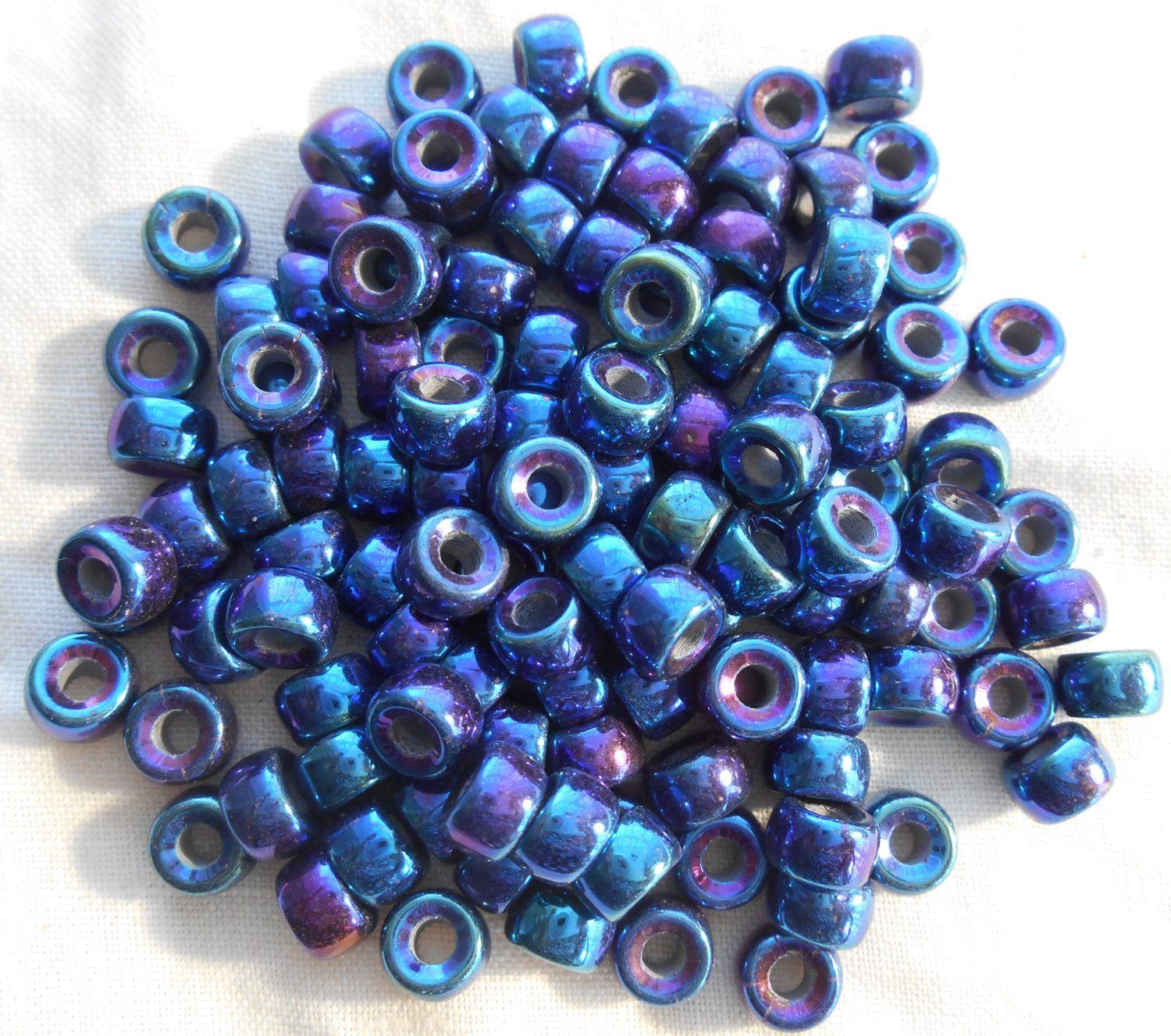 50 6mm Czech Blue Iris pony roller beads, large hole iridescent  multicolored glass crow beads, C7450 – Glorious Glass Beads