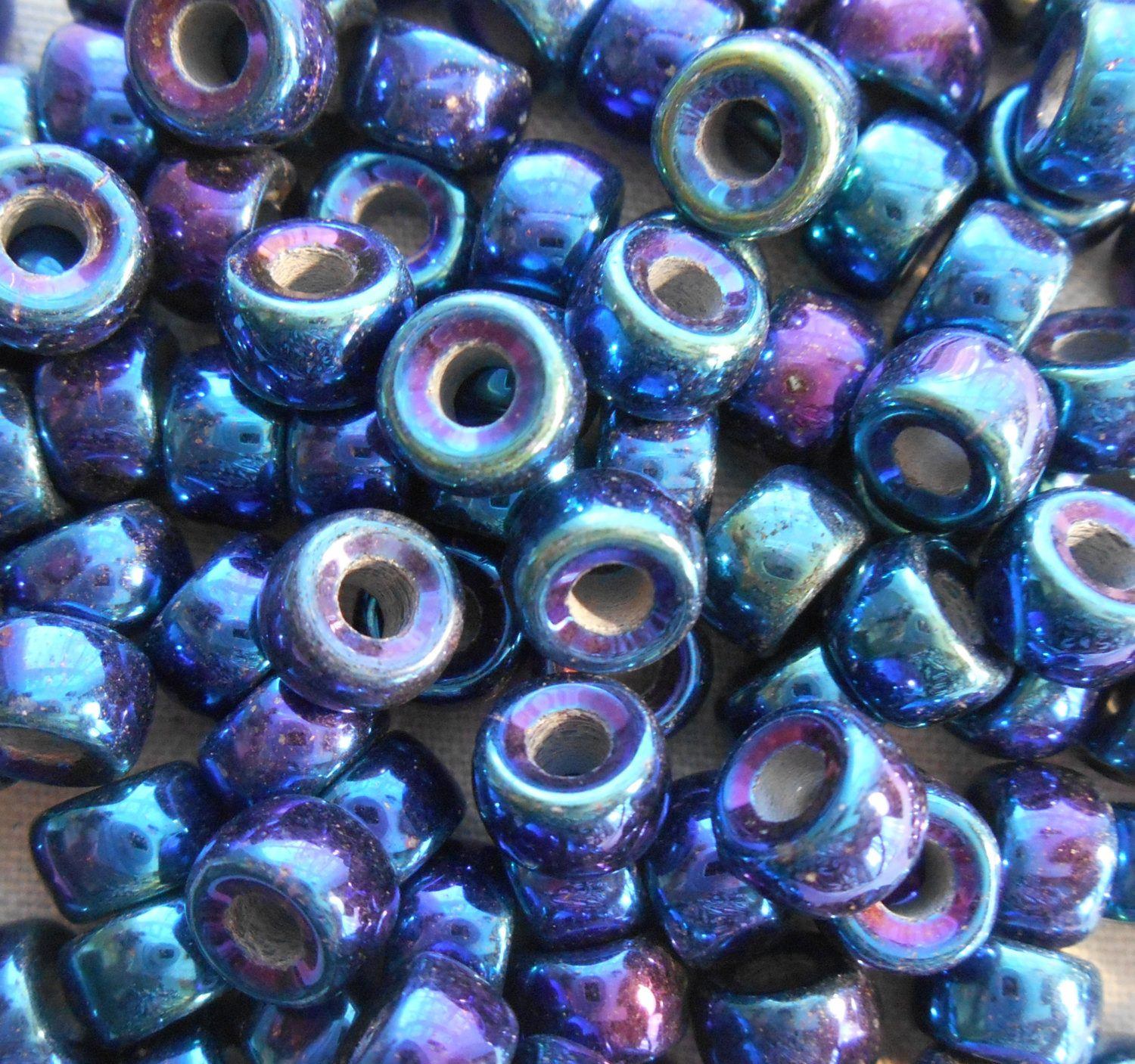Fifty 6mm Czech Blue Iris iridescent glass pony roller beads, large hole crow beads, C7450 - Glorious Glass Beads